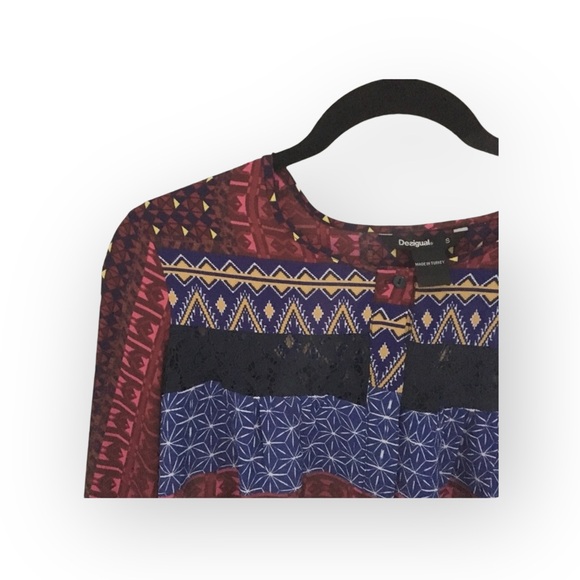 Desigual ๐ Mona Fucsias Boho Lace Sleeve Printed Button Down Shirt ๐ Blue Pink - Picture 8 of 16